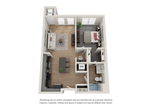 Floor plan for 1 bed, 1 bath, 705 sqft